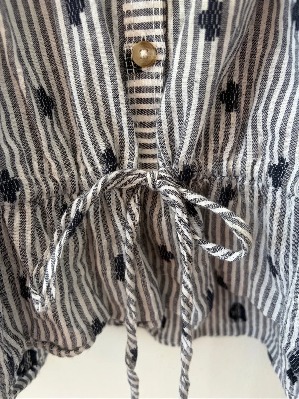 Anthropologie Navy and White Striped Embroidered Drawstring Blouse